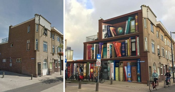 Artistas holandeses pintam uma prateleira gigante em um prédio de apartamentos com livros favoritos dos moradores